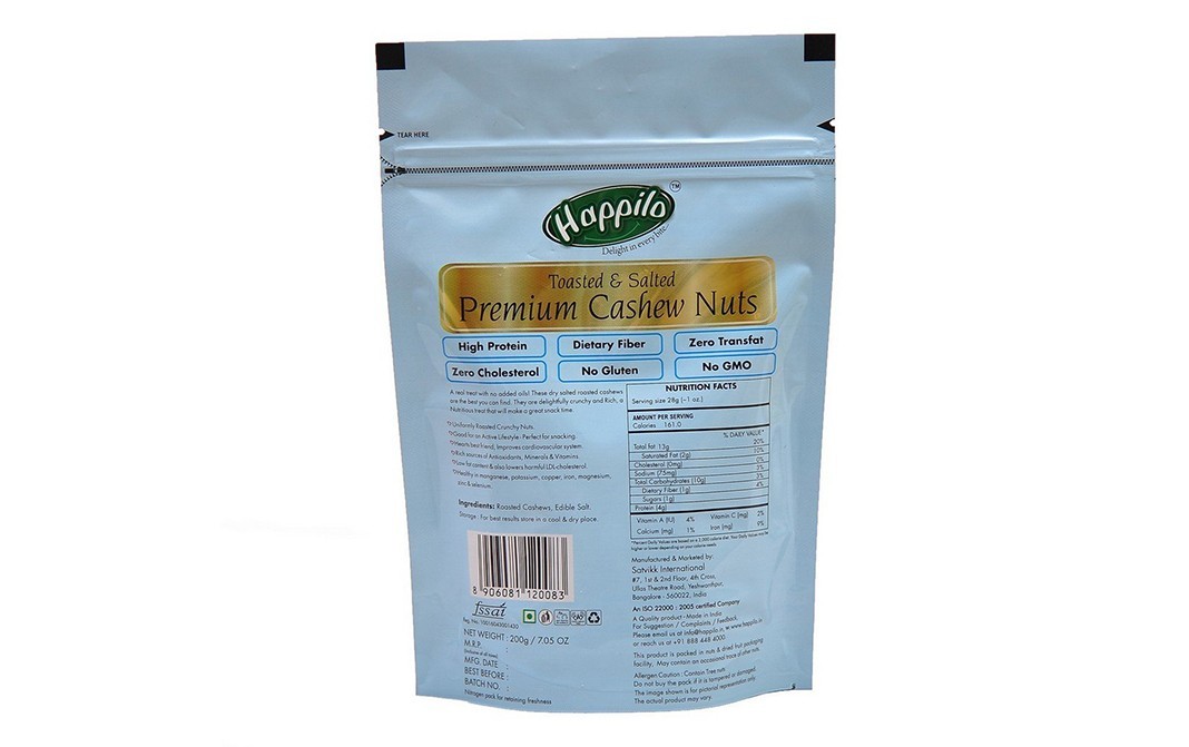 Happilo Toasted & Salted Premium Cashew Nuts   Pack  200 grams